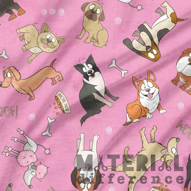 Pattern of cartoon dogs on a pink background with 'Material Difference' branding.