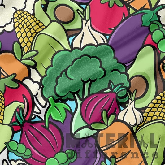 Colorful illustration of various vegetables with a brand name overlay.