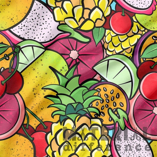Colorful pattern of stylized fruits and vegetables with a pineapple in the center.