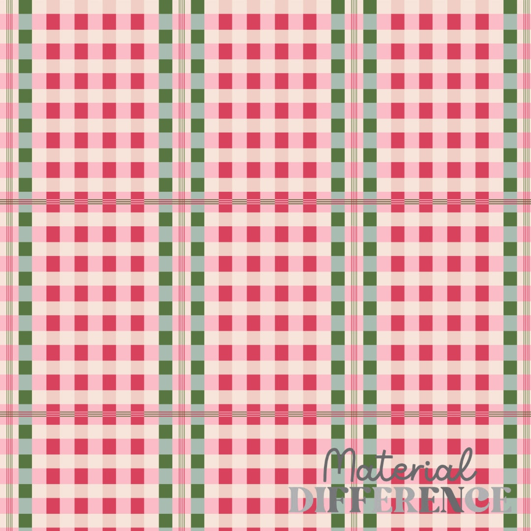 A close-up fabric pattern swatch showing a pink and white gingham grid with vertical green stripes and thin gray horizontal lines. The words 'Material Difference' appear in the lower right corner.