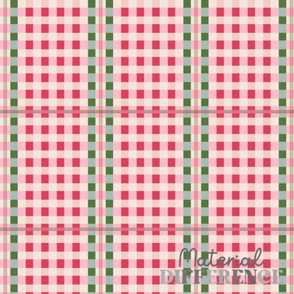 A close-up fabric pattern swatch showing a pink and white gingham grid with vertical green stripes and thin gray horizontal lines. The words 'Material Difference' appear in the lower right corner.