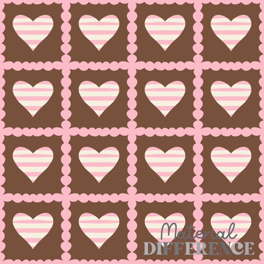 A repeating pattern of pink and white striped hearts arranged in a grid on a brown background, separated by a pink scalloped border. A watermark reading 'Material Difference' appears in the lower right corner.