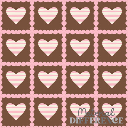 A repeating pattern of pink and white striped hearts arranged in a grid on a brown background, separated by a pink scalloped border. A watermark reading 'Material Difference' appears in the lower right corner.