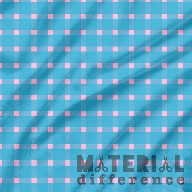 Blue and pink checkered fabric with 'Material Difference' branding.