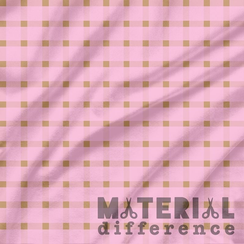 Pink and gold checkered fabric with 'Material Difference' branding.