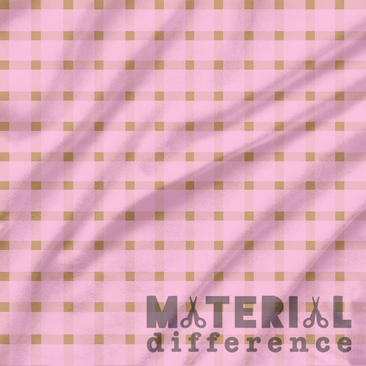 Pink and gold checkered fabric with 'Material Difference' branding.