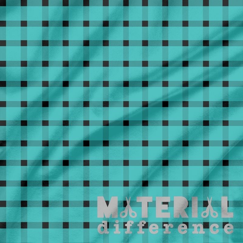 Teal fabric with black checkered pattern and 'Material Difference' branding.