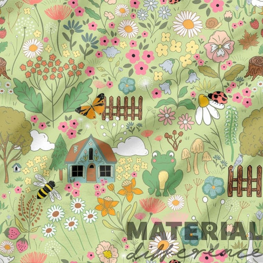 Colorful pattern with flowers, animals, and a small house on a light green background.