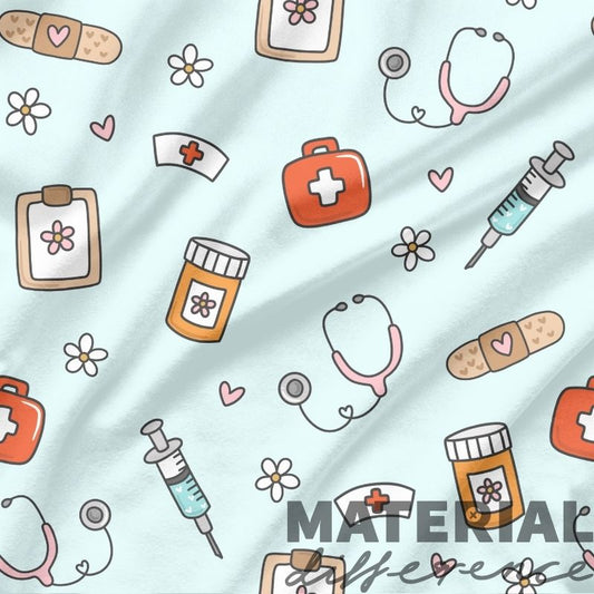 Pattern of medical-themed illustrations on a light blue fabric background.