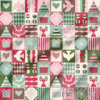 Grid pattern of xmas themed objects in pink, red, green and brown