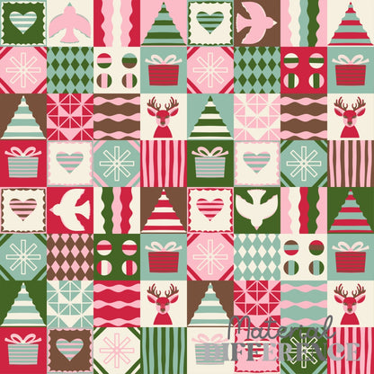 A repeating Christmas-themed patchwork pattern featuring gift boxes, Christmas trees, hearts, snowflakes, birds, and deer in pink, green, red, brown, and cream.