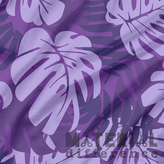 Purple fabric with tropical leaf pattern and 'Material Difference' text.