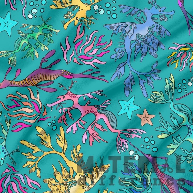 Colorful pattern of sea creatures and plants on a teal background