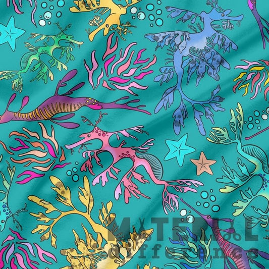Colorful pattern of sea creatures and plants on a teal background