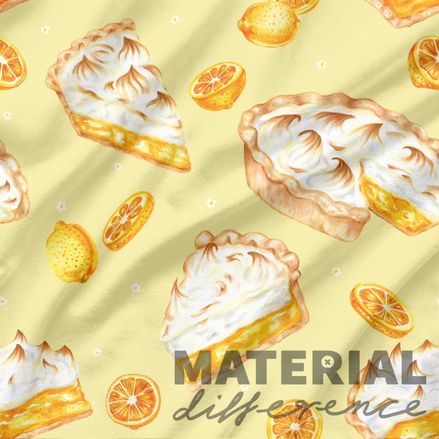 Pattern of lemon meringue pies and lemon slices on a yellow background with 'MATERIAL difference' text.