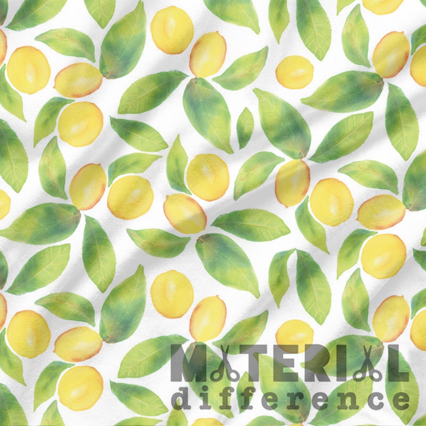 Pattern of yellow lemons and green leaves with 'Material Difference' text on a white background