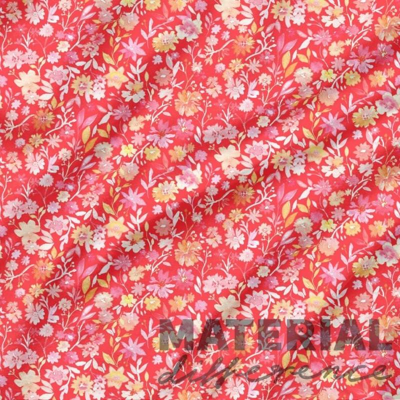 Floral patterned fabric with 'MATERIAL Difference' text overlay on a red background