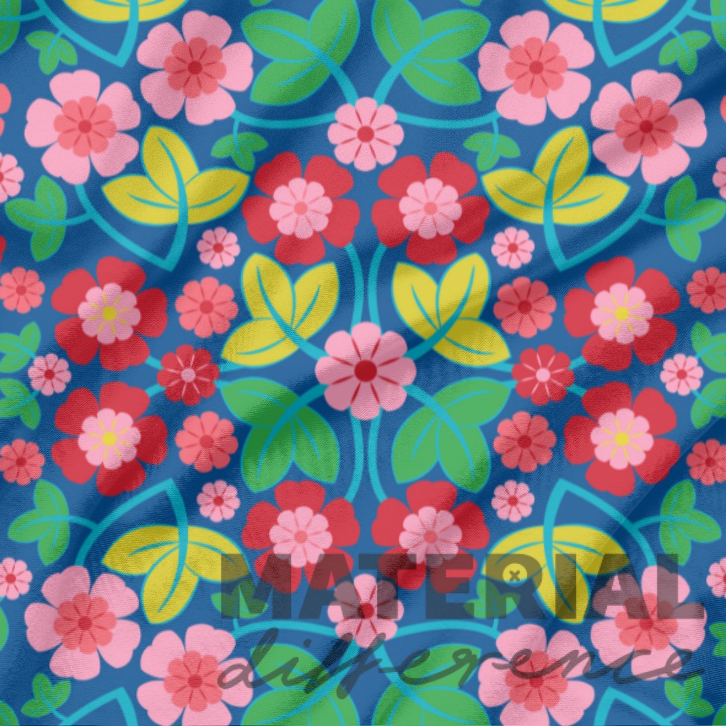 Colorful floral pattern on a blue background with 'Materiel' branding.
