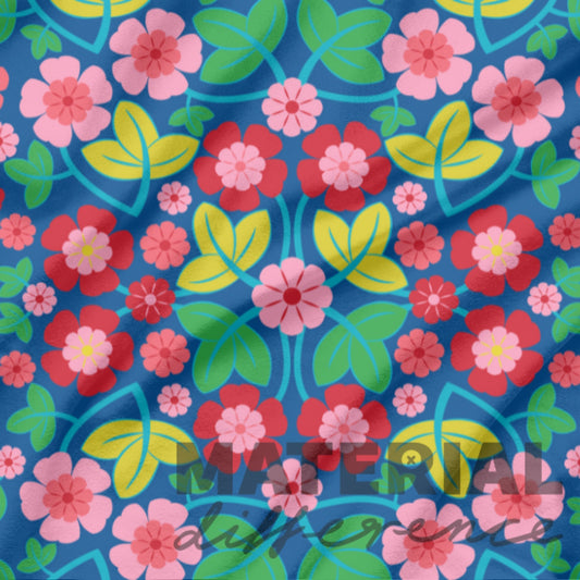 Colorful floral pattern on a blue background with 'Materiel' branding.
