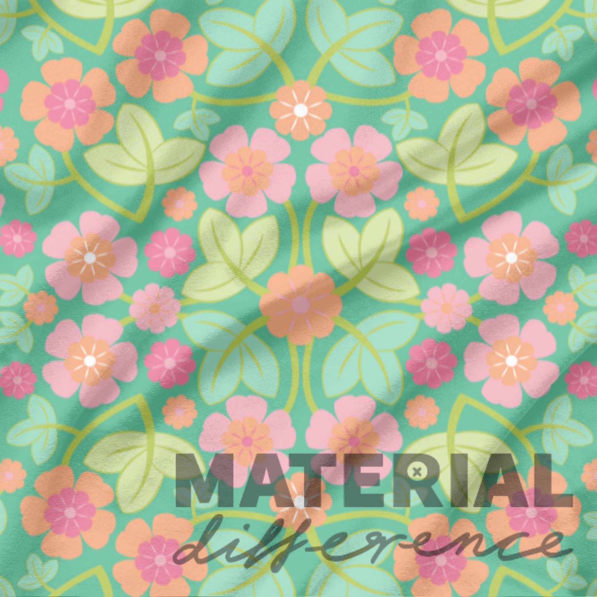 Pink and orange Floral pattern with 'Material Difference' text on a green background