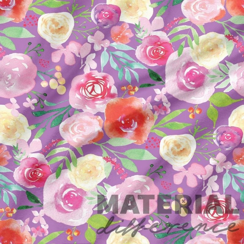 Floral pattern with colorful flowers on a purple background, featuring the brand 'MATERIAL difference'.