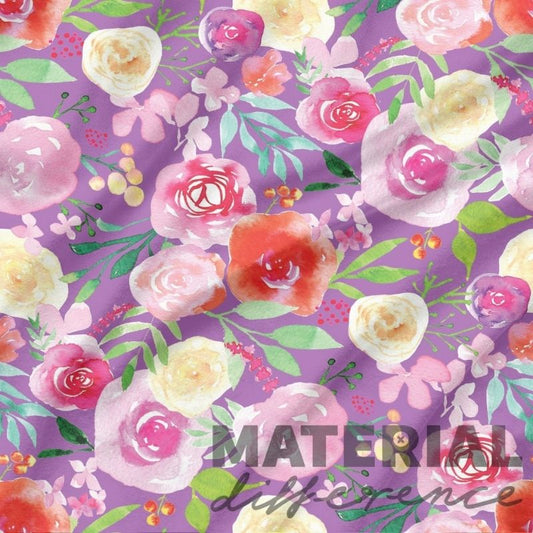 Floral pattern with colorful flowers on a purple background, featuring the brand 'MATERIAL difference'.