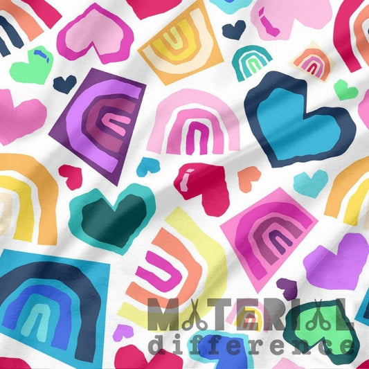 Colorful pattern of hearts and rainbows with 'Material Difference' text on a white background