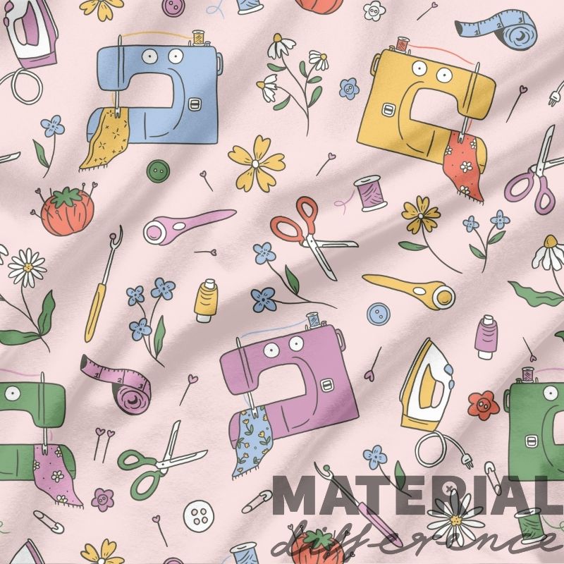 Pattern of sewing-related items on a pink background