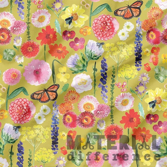 Colorful floral pattern with butterflies and the text 'MATERIAl difference' on a yellow background.