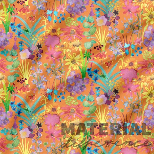 Colorful floral pattern with 'Material Difference' text on an orange background