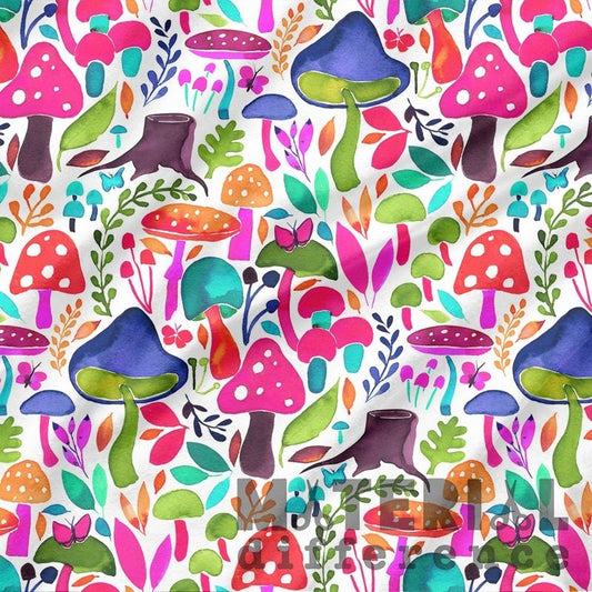 Colorful pattern of mushrooms and leaves on a white background
