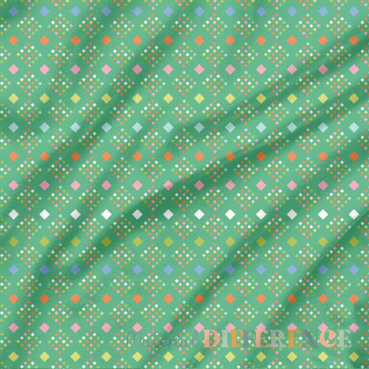 Colorful geometric pattern on green fabric with 'Material Difference' branding.