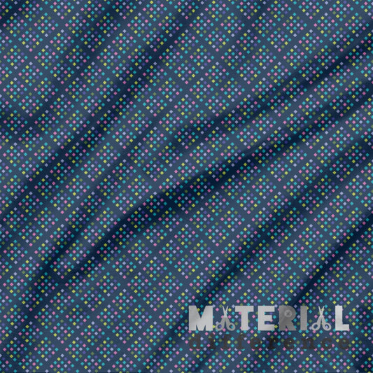 Patterned fabric with small multicolored dots on a dark blue background, featuring the brand 'Material Difference'.