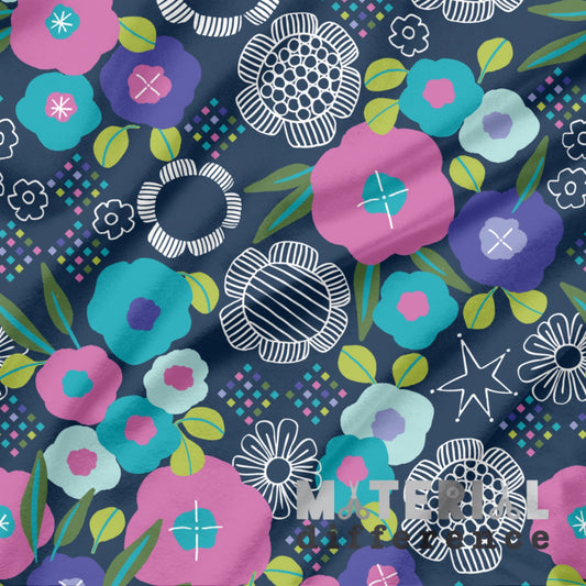 Colorful floral pattern with geometric shapes on a dark blue background