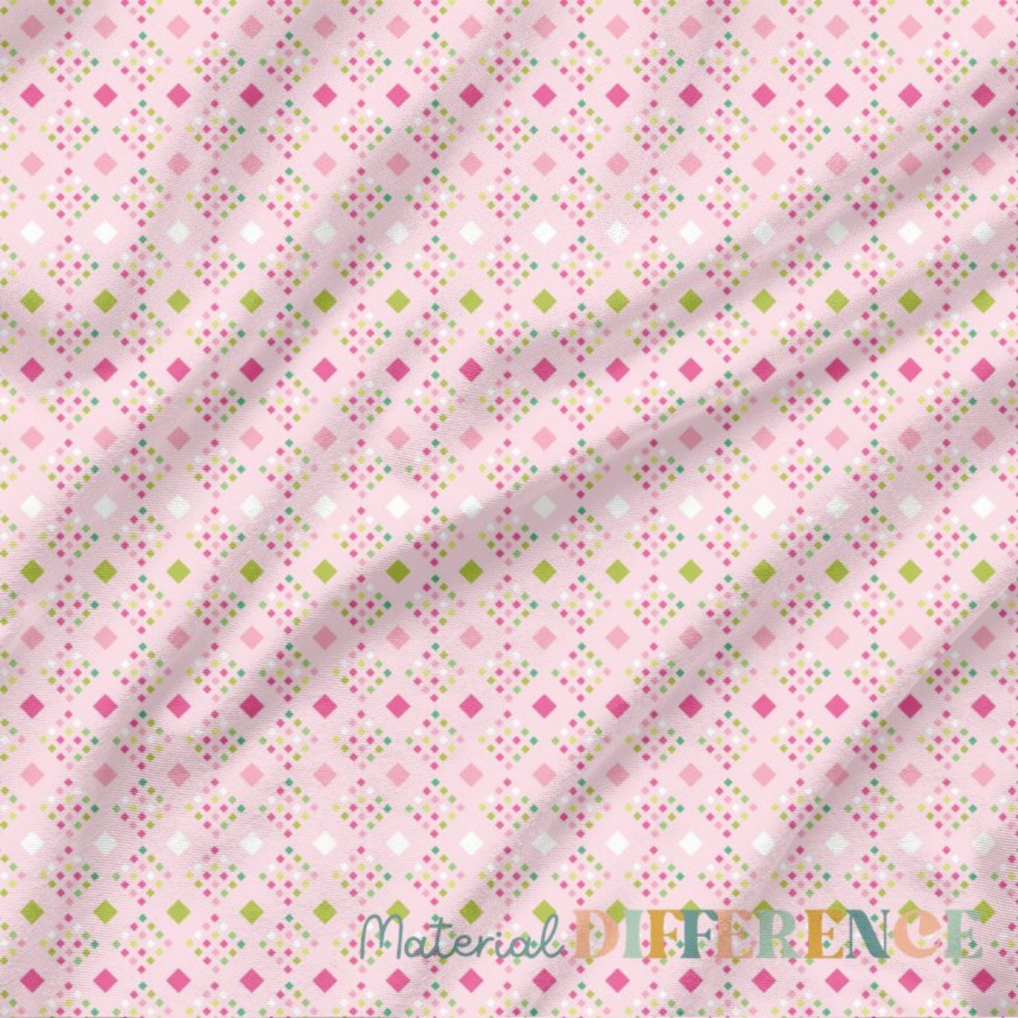 Fabric with colorful square pattern on a pink background, featuring 'Material Difference' branding.