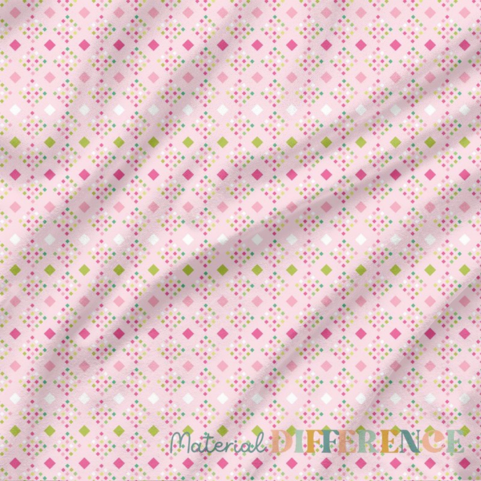 Fabric with colorful square pattern on a pink background, featuring 'Material Difference' branding.