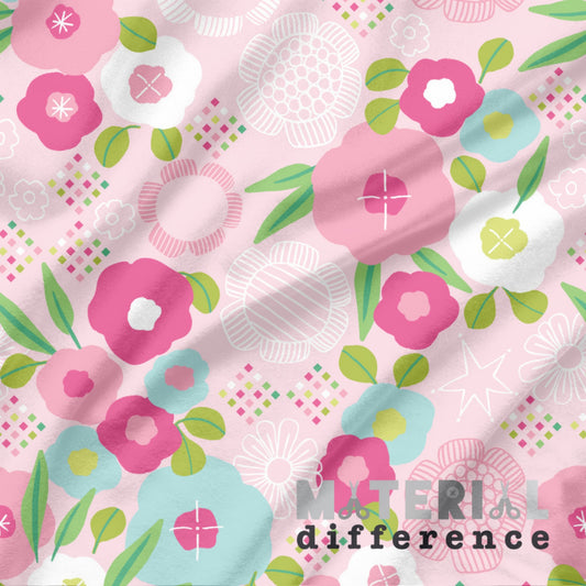 Floral pattern with pink, green, and blue flowers on a pink background with 'Material Difference' branding.