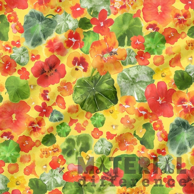 Colorful floral pattern with red, orange, and green flowers on a yellow background, featuring 'Material Difference' branding.
