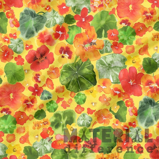 Colorful floral pattern with red, orange, and green flowers on a yellow background, featuring 'Material Difference' branding.