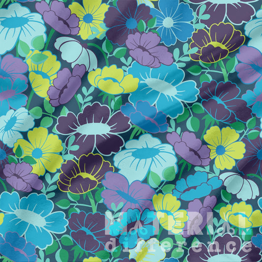 Colorful floral pattern with purple, blue, green, and yellow flowers on a dark background.