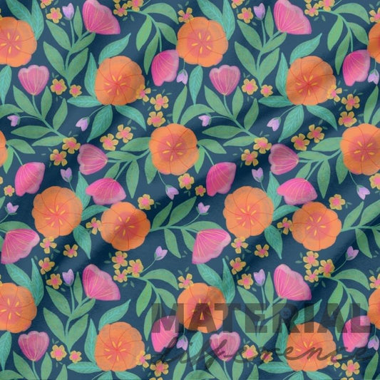 Floral pattern with orange and pink flowers on a dark blue background