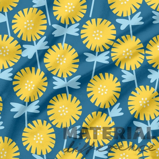 Pattern of yellow flowers and blue leaves on a blue background with 'MATERIAL Difference' text overlay.