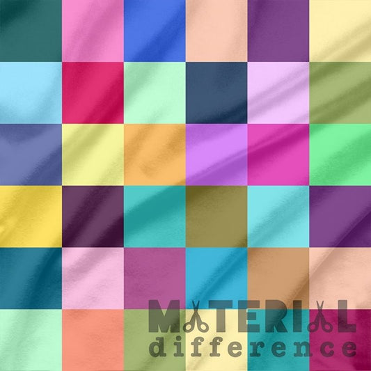 Grid of colorful fabric swatches with 'Material Difference' branding.