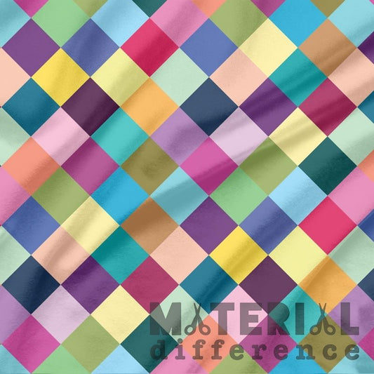 Colorful diamond pattern fabric with 'Material Difference' text.