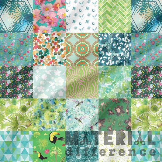 Collection of various floral and geometric patterns in a patchwork layout with 'Material Difference' text.