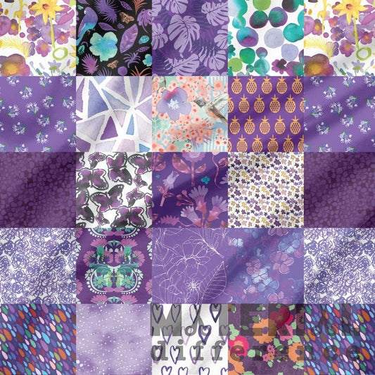 Grid of various purple-themed fabric patterns