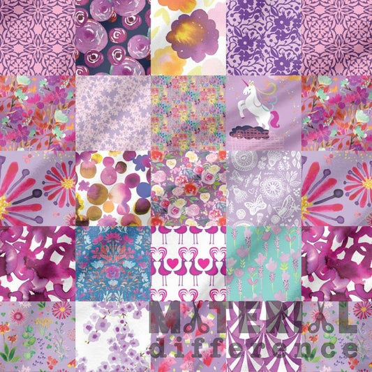 Patchwork of various colorful patterns with a unicorn illustration.