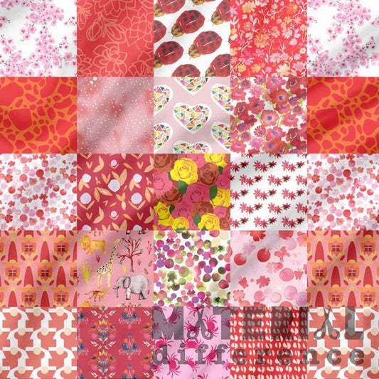 Collection of various colorful fabric patterns arranged in a grid.