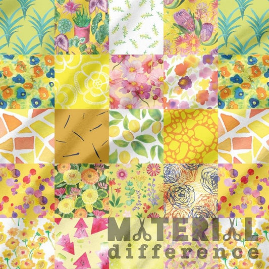 Collage of various colorful fabric patterns with 'Material Difference' branding.