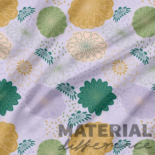 Floral patterned material on lilac purple background with 'Material Difference' text